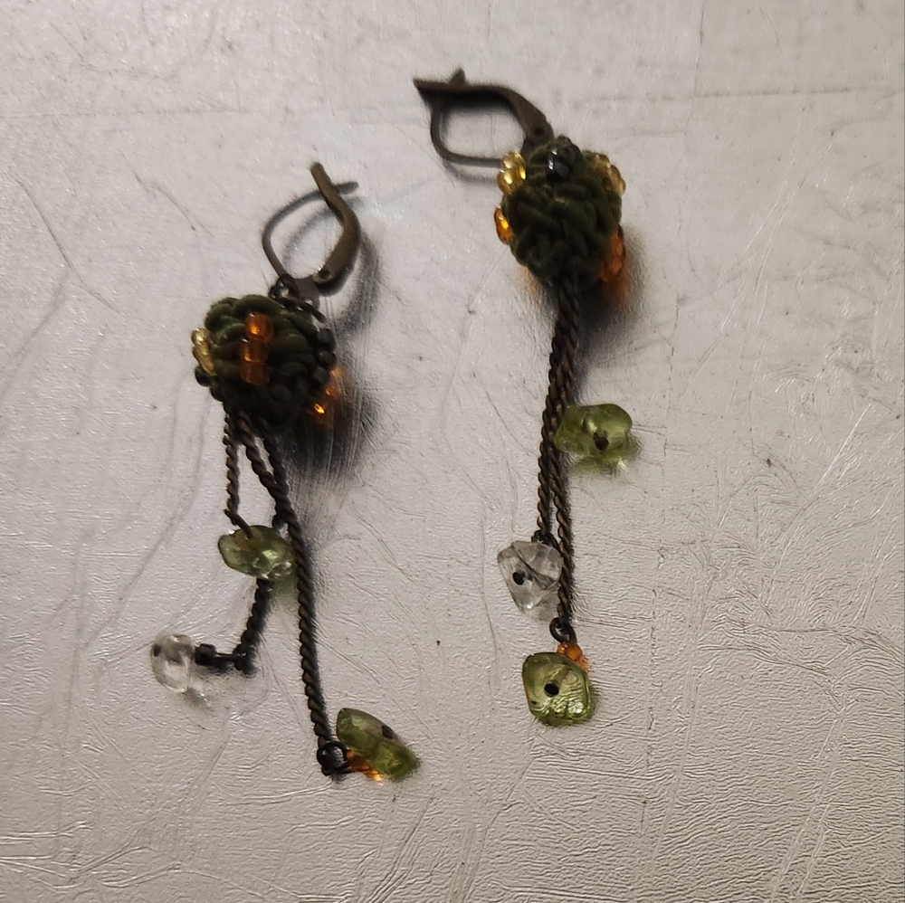 Fabric and stone bead dangle earrings